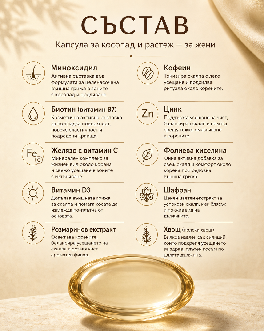 Състав на капсулата за косопад и растеж за жени